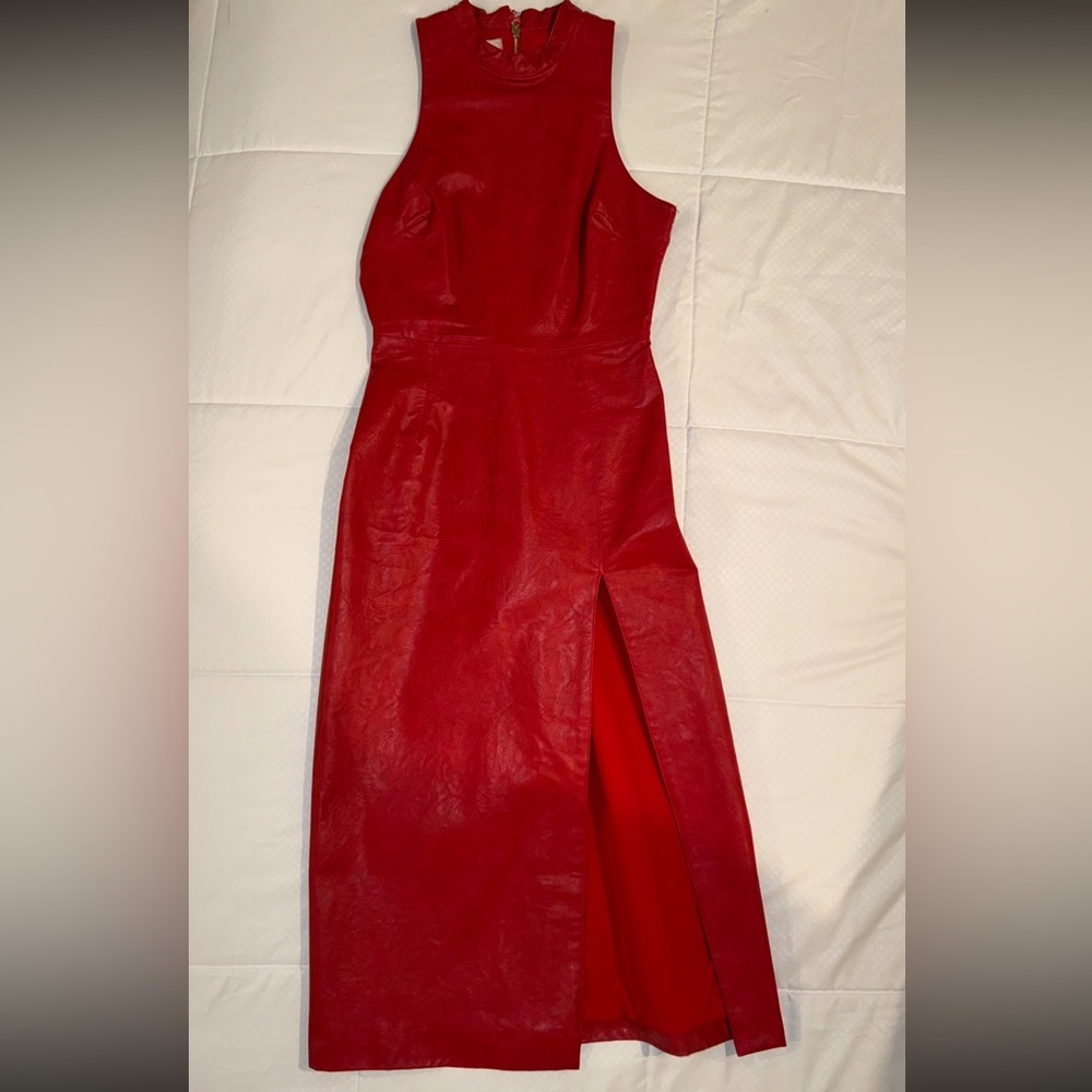 HOUSE OF CB Red Vegan Leather Thigh Split Maxi Dress